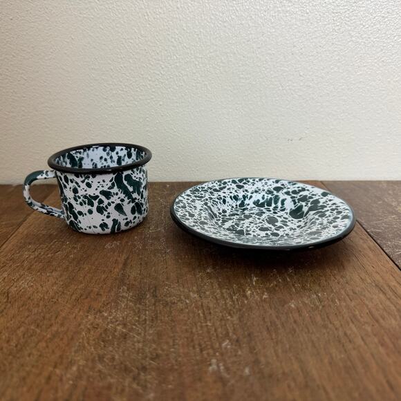 Vintage Reproduction White Green Child Size Granite Enamel Ware Tea cup & saucer - Picture 11 of 11